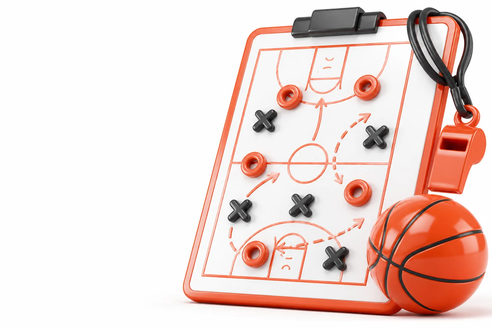 Coach's clipboard with a coral court diagram, X and O magnets, a whistle and a basketball